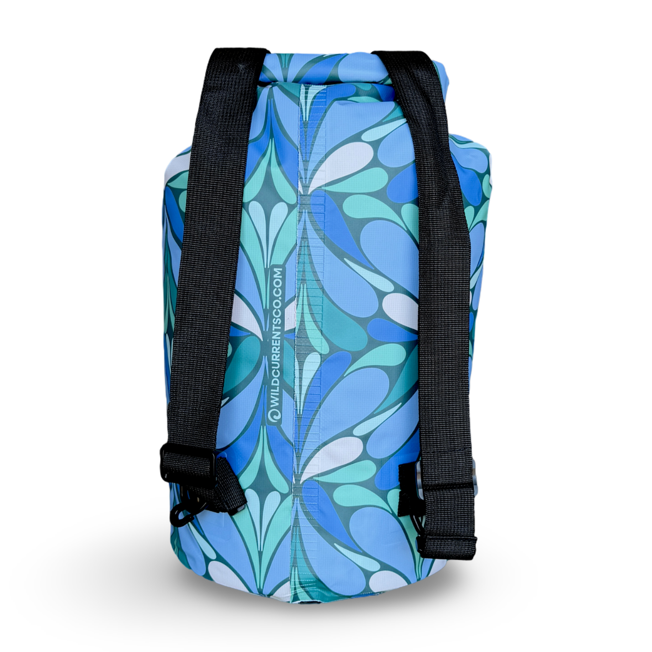 Blue floral-patterned backpack with black straps on a white background