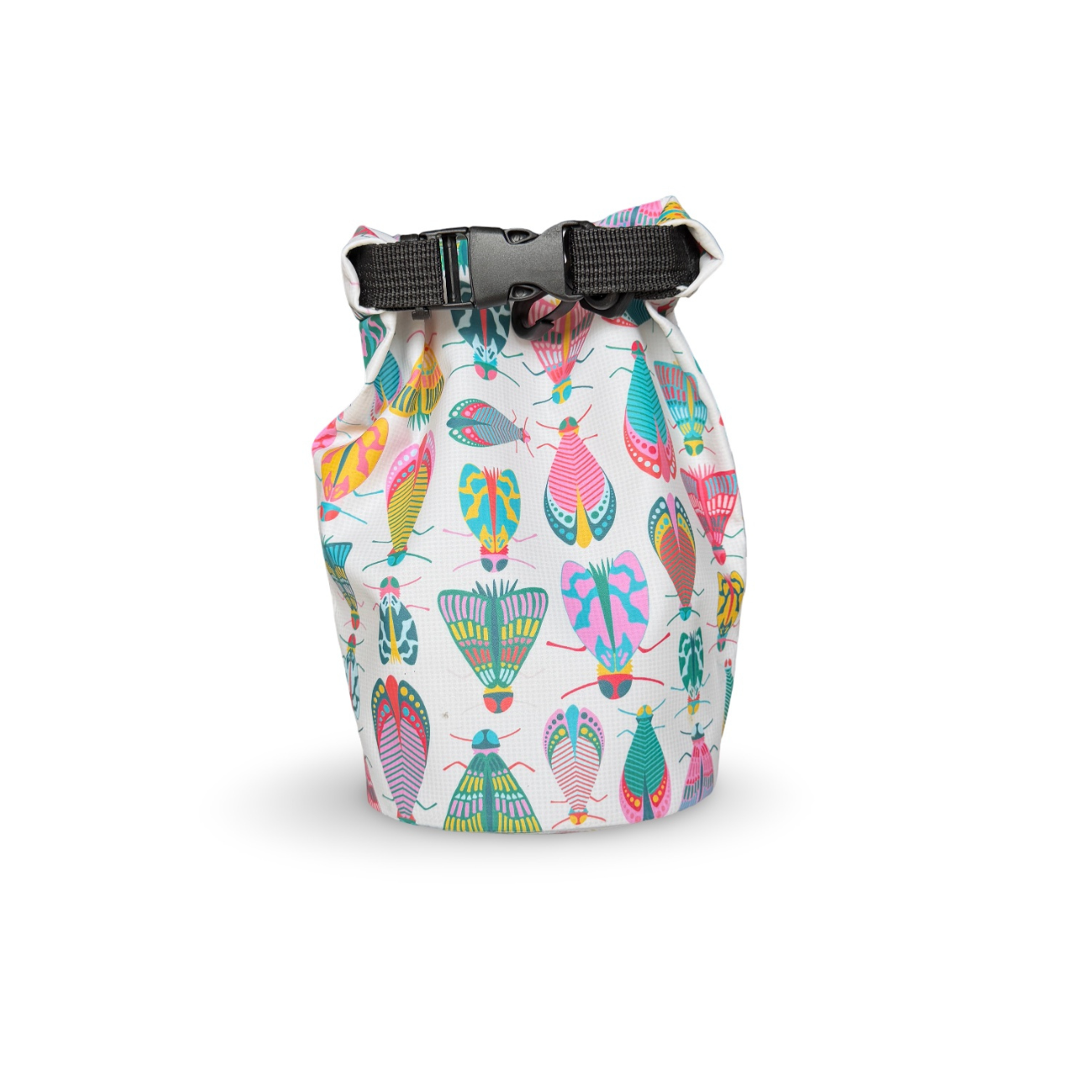 Wild Current waterproof dry bag featuring a colorful beetle and moth pattern on a white background with a black roll-top buckle closure.