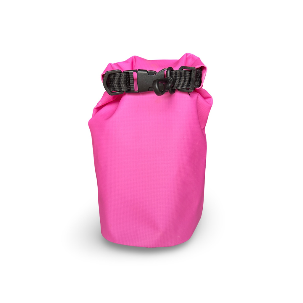 Solid hot pink waterproof dry bag with a black roll-top buckle closure and swivel hook clip, isolated on a white background.