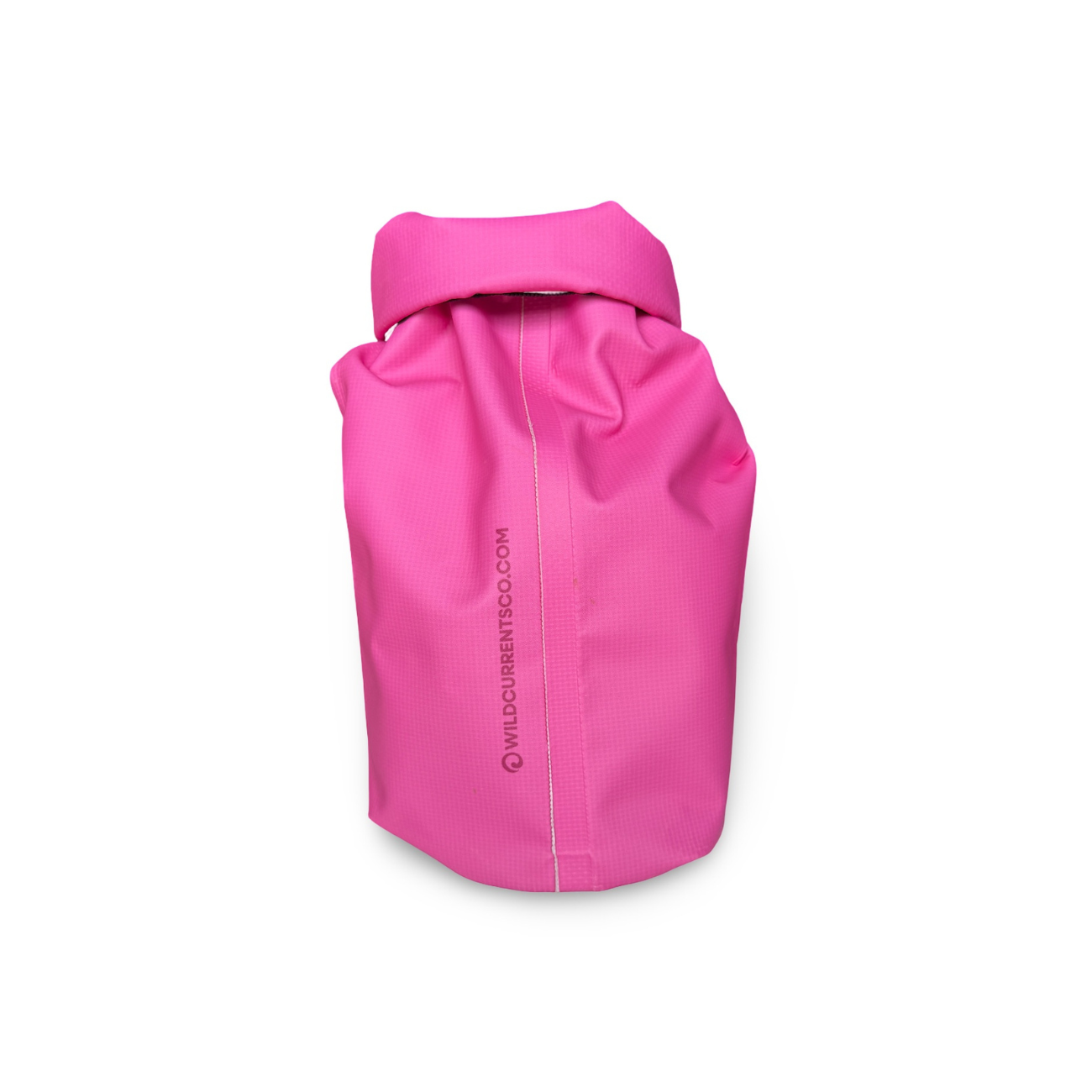 Side view of the hot pink waterproof dry sack showing its durable welded seam construction against a white background.