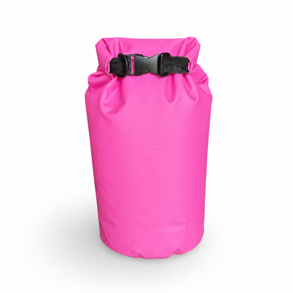 A bright pink dry bag with a black buckle and strap closure, shown on a clean white background.
