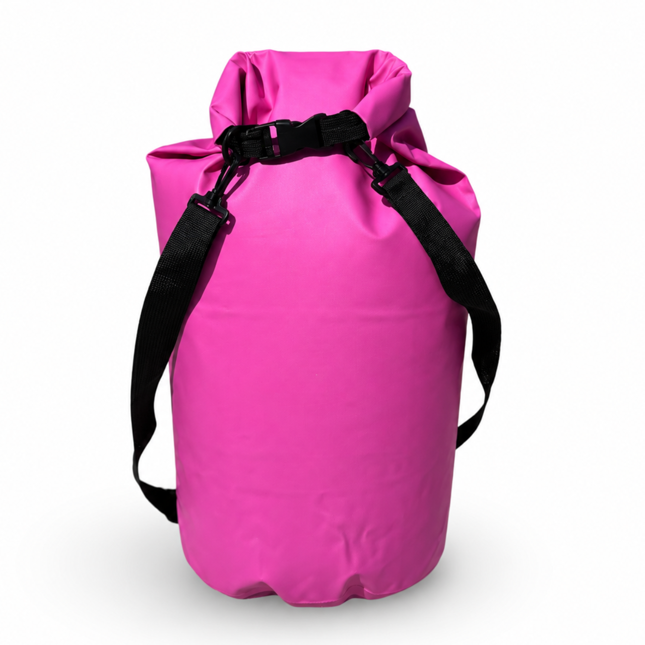 Front studio view of the pink Pismo 20L Waterproof Dry Bag against a clean white background, showcasing two black adjustable backpack straps attached for easy carrying.