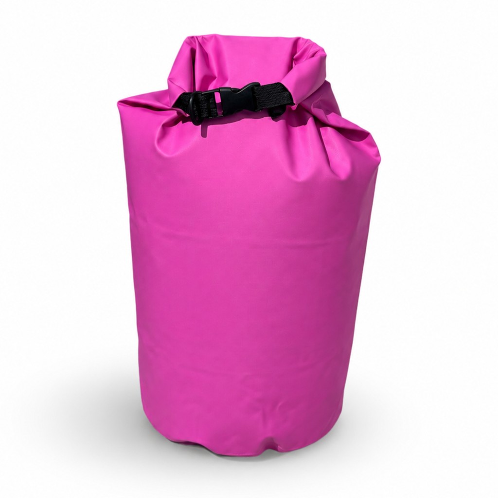 Studio product shot of a solid, bright pink Pismo 20L Waterproof Dry Bag on a white background, rolled closed at the top and secured with a black plastic buckle.