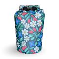 Studio product photography of the Spaulding 20L Waterproof Dry Bag on a clean white background. This waterproof dry sack features a vibrant floral print pattern with white daisies and teal leaves, shown tightly sealed with a black roll-top buckle closure for kayaking, boating, and beach trips.