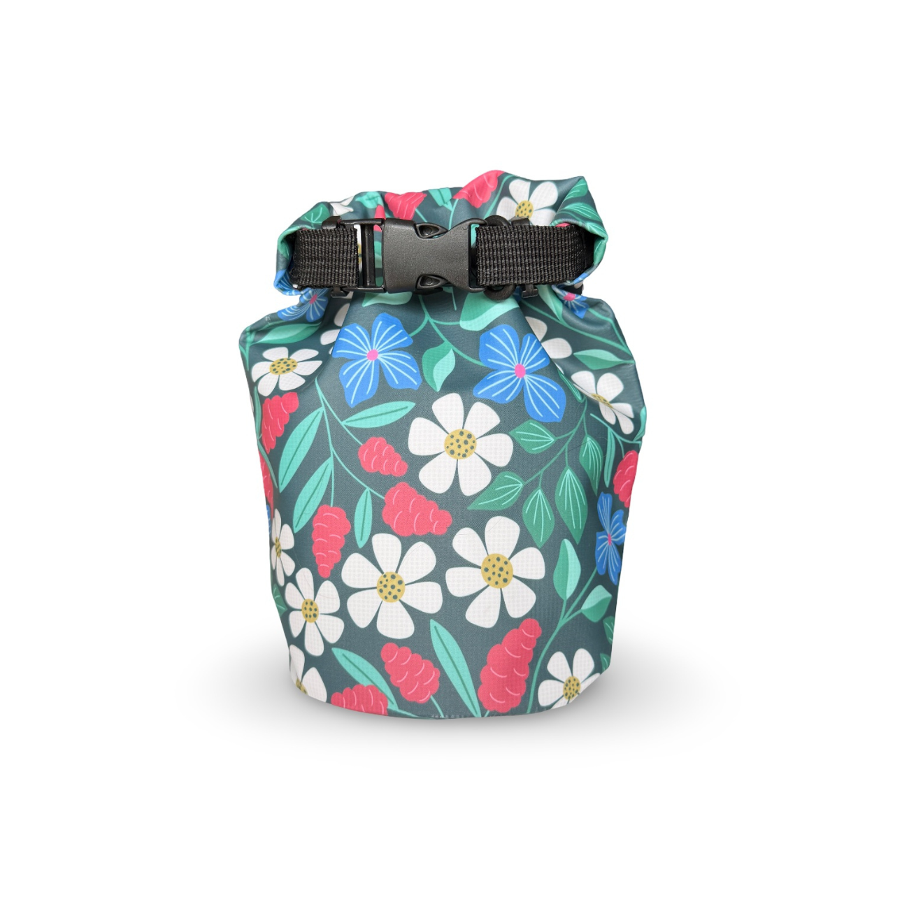 Wild Ciurrent dark green waterproof dry bag featuring a vibrant floral pattern with white daisies, red berries, and blue flowers.