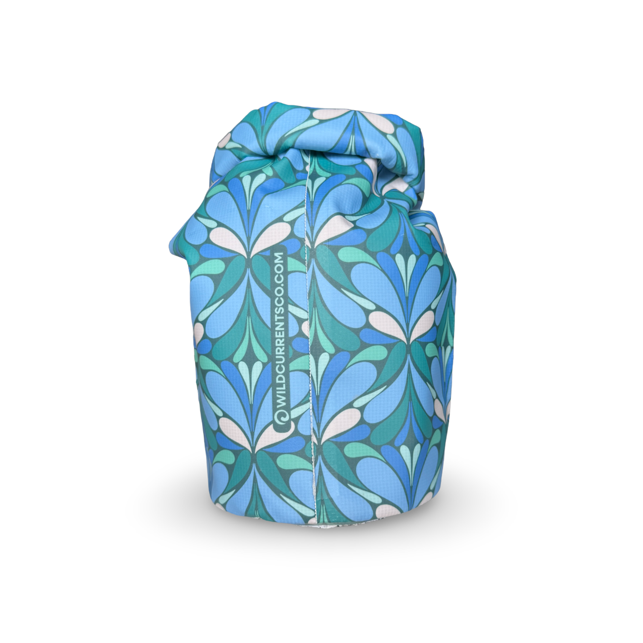 Side view of a blue and green patterned waterproof dry sack showing the stitched seam and roll-top design