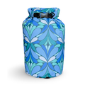 The Yuba 20L waterproof dry bag with a vibrant blue, teal, and aqua geometric petal pattern, standing upright on a white background with its roll-top closure buckled.